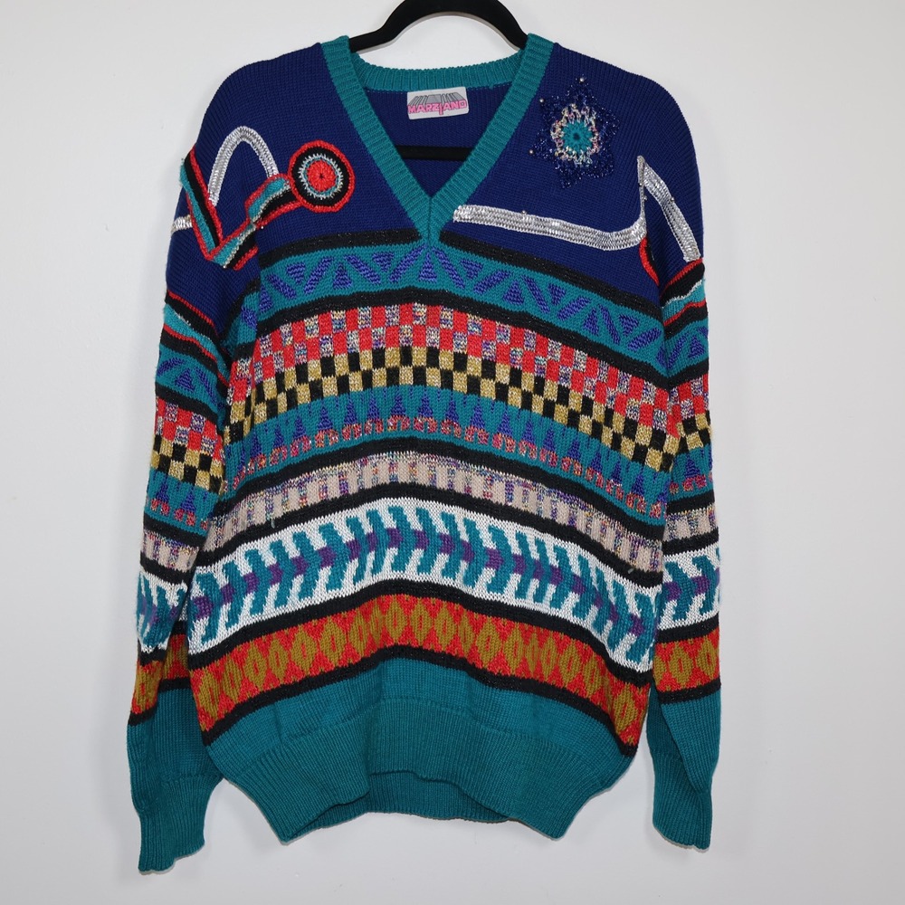 Marziano Sweater Large Vintage Blue Geometric Embellished 3D Textured